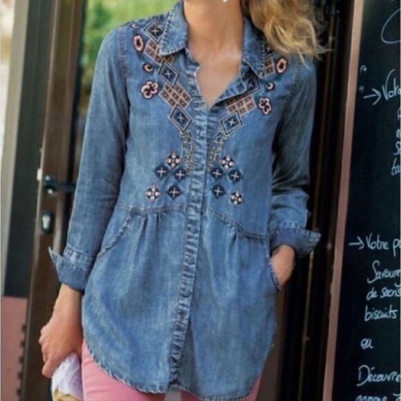 Soft Surroundings Alalic Embroidered Denim Button Front Tunic, Longsleeve | S - Picture 1 of 11